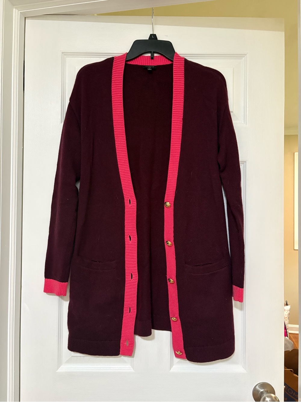 Talbots Burgundy Cardigan with Hot Pink Trim